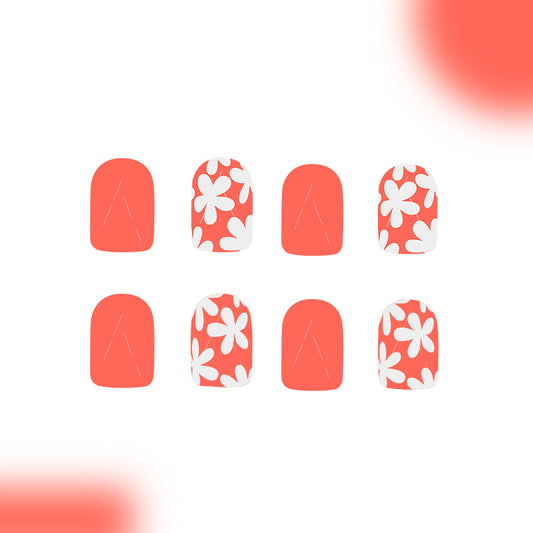 Blooming Coral Floral Press On Nail Set Short Square Shape Vibrant Coral Color Elegant White Floral Design