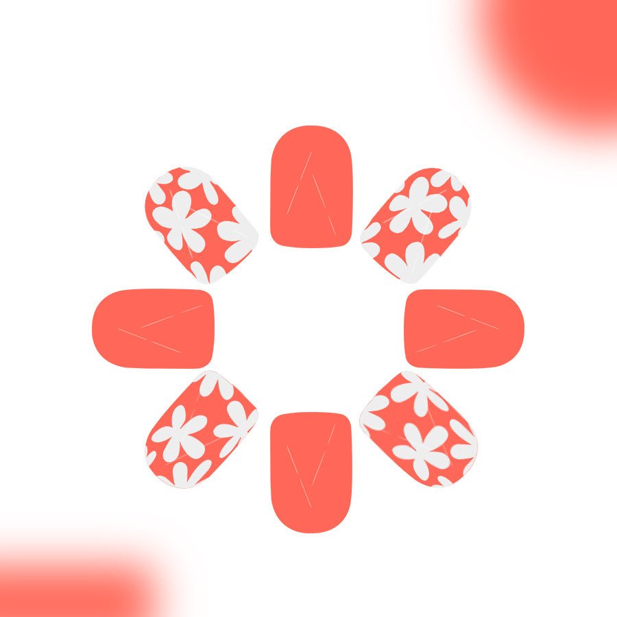 Tropical Blossom Coral Short Square Press On Nail Set with Floral Design