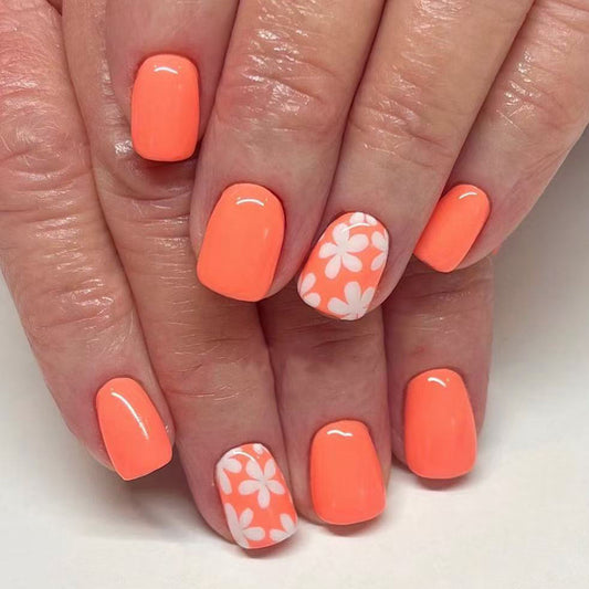 Tropical Bliss Short Square Orange Press On Nail Set with Floral Accent Design