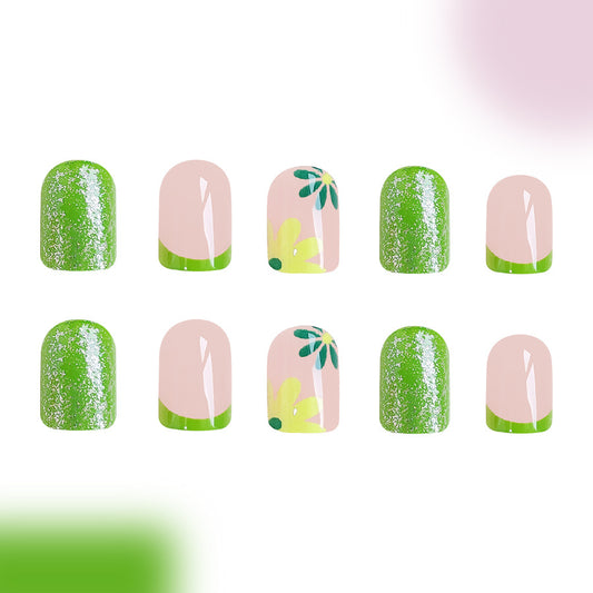 Fresh Garden Vibes Short Square Green Glitter and Floral Press On Nail Set
