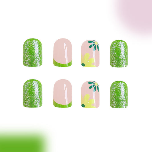 Garden Party Iridescent Short Square Green Floral Press On Nail Set