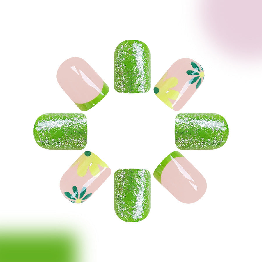 Garden Party Chic Glossy Short Square Green Glitter Floral Press On Nail Set