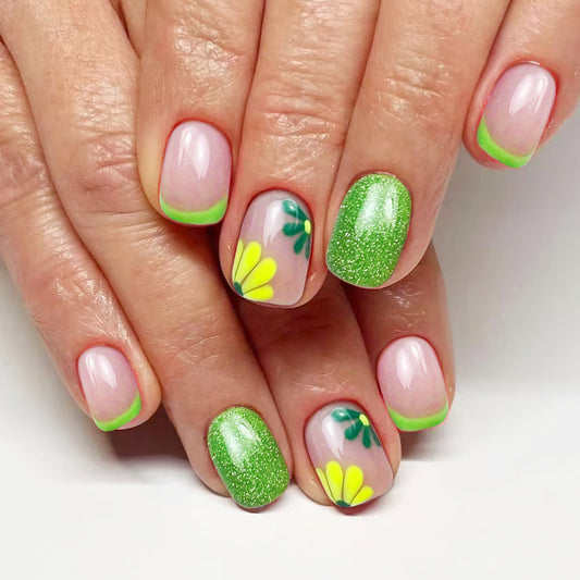 Spring Blossom Short Square Neon Green Glitter Floral Press On Nail Set