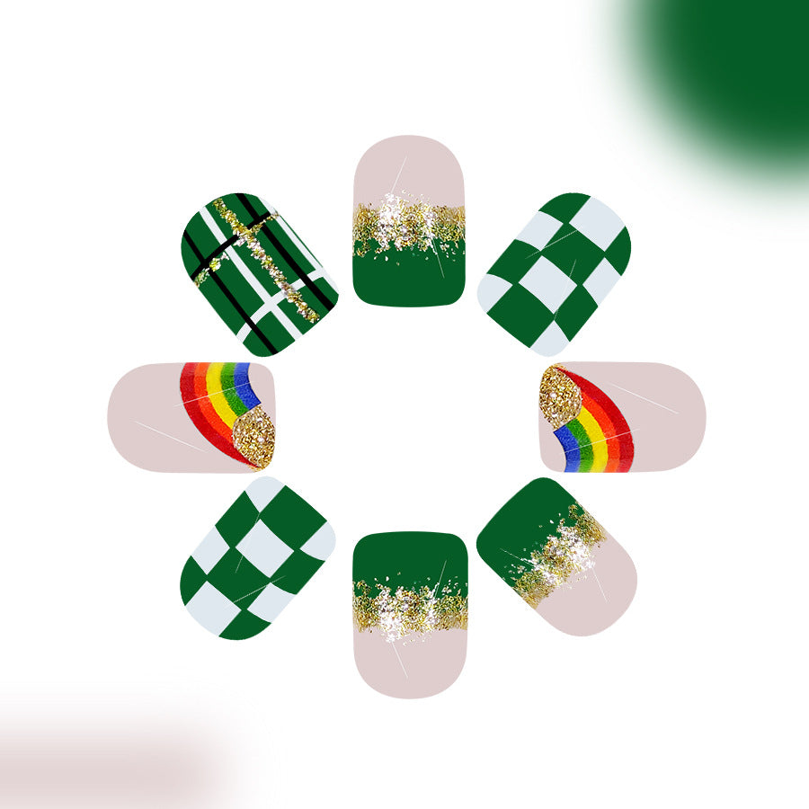 Whimsical Forest Green Short Square Press On Nail Set with Glitter and Rainbow Accents