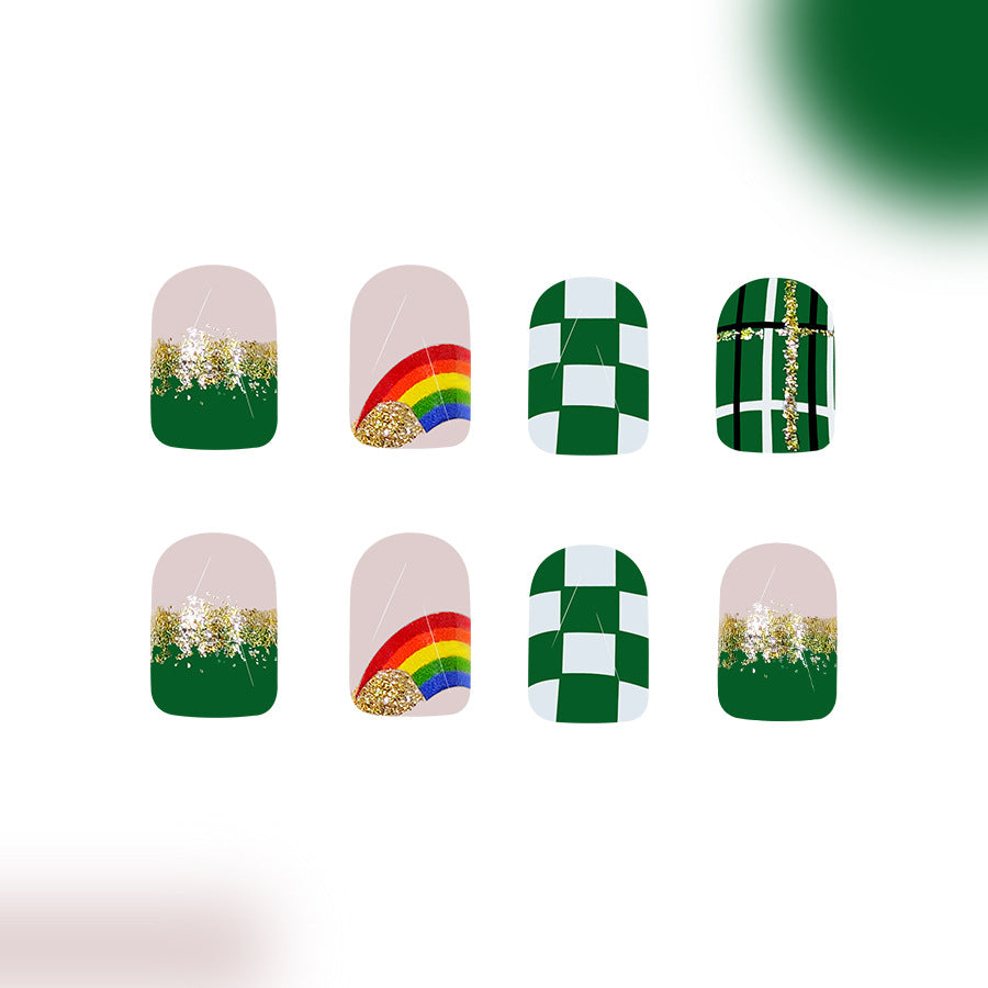 Whimsical Forest Inspired Press On Nail Set Short Square Green Glitter and Rainbow Design with Checkerboard Accents