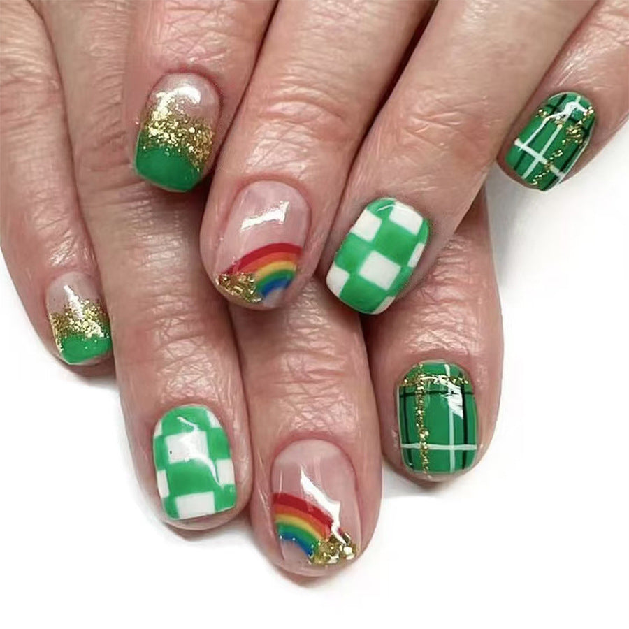 Emerald Fantasy Short Square Green with Glitter and Rainbow Accents Press On Nail Set