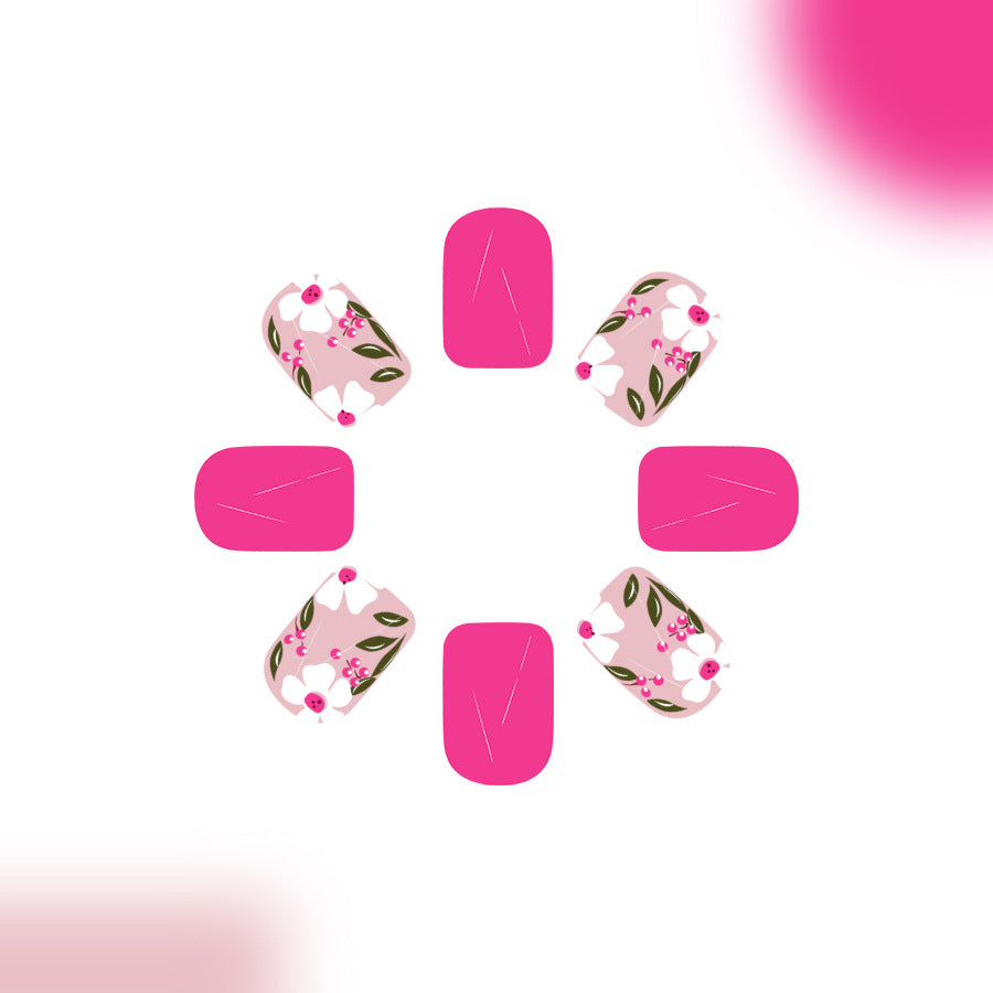 Floral Delight Short Square Pink with Elegant Blossom Design Press On Nail Set