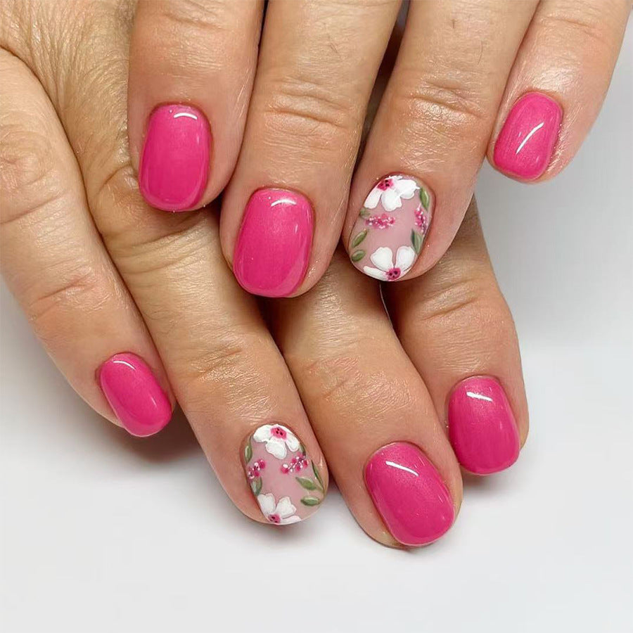 Floral Whimsy Elegant Short Squoval Pink Press-On Nail Set with Charming Floral Accent Design