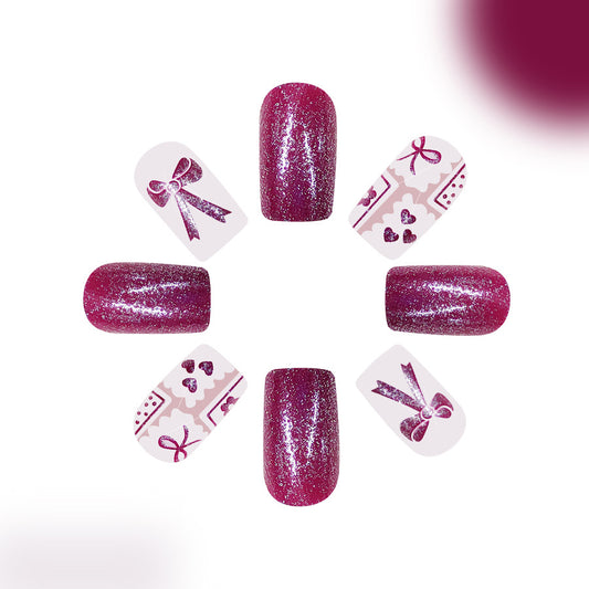 Charming Celebration Medium Square Sparkling Pink with Festive Bow Designs Press on Nail Set