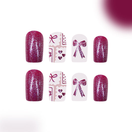 Whimsical Romance Medium Square Berry Sparkle with Adorable Bow Designs Press on Nail Set