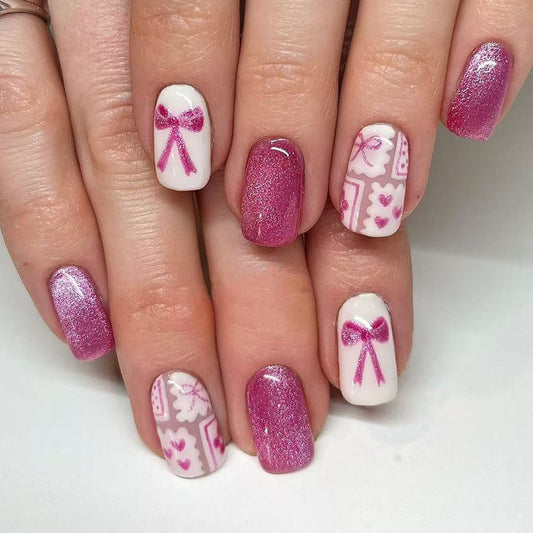 Charming Pink Celebration Medium Squoval Glittery Design Press On Nail Set with Ribbon Accents