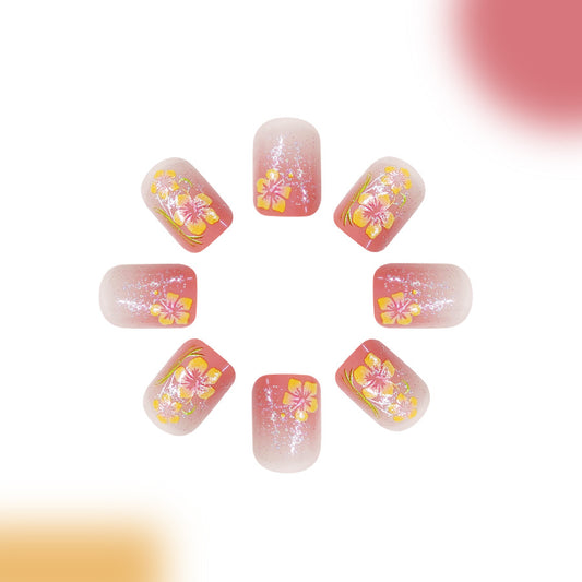 Tropical Paradise Short Square Press On Nails in Pink with Floral Design and Glitter Finish