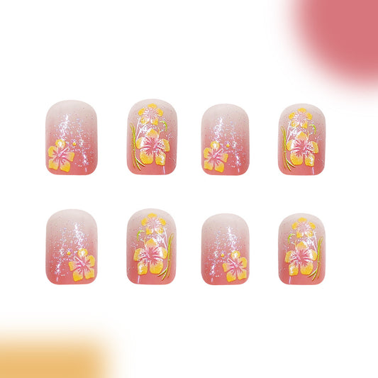 Tropical Blossom Dream Short Square Pink with Floral Artwork Glitter Finish Press On Nail Set