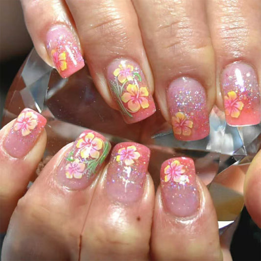 Tropical Paradise Medium Square Press-On Nails in Soft Pink with Floral Glitter Design and Artistic Detailing