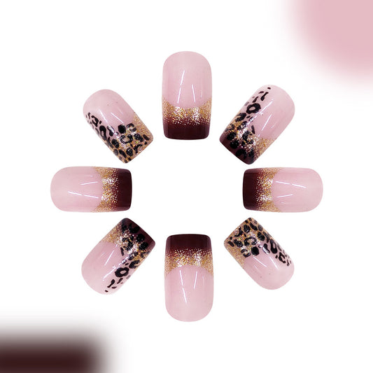 Wild Glamour Medium Square Press-On Nails in Soft Pink with Leopard Print and Glitter Accent