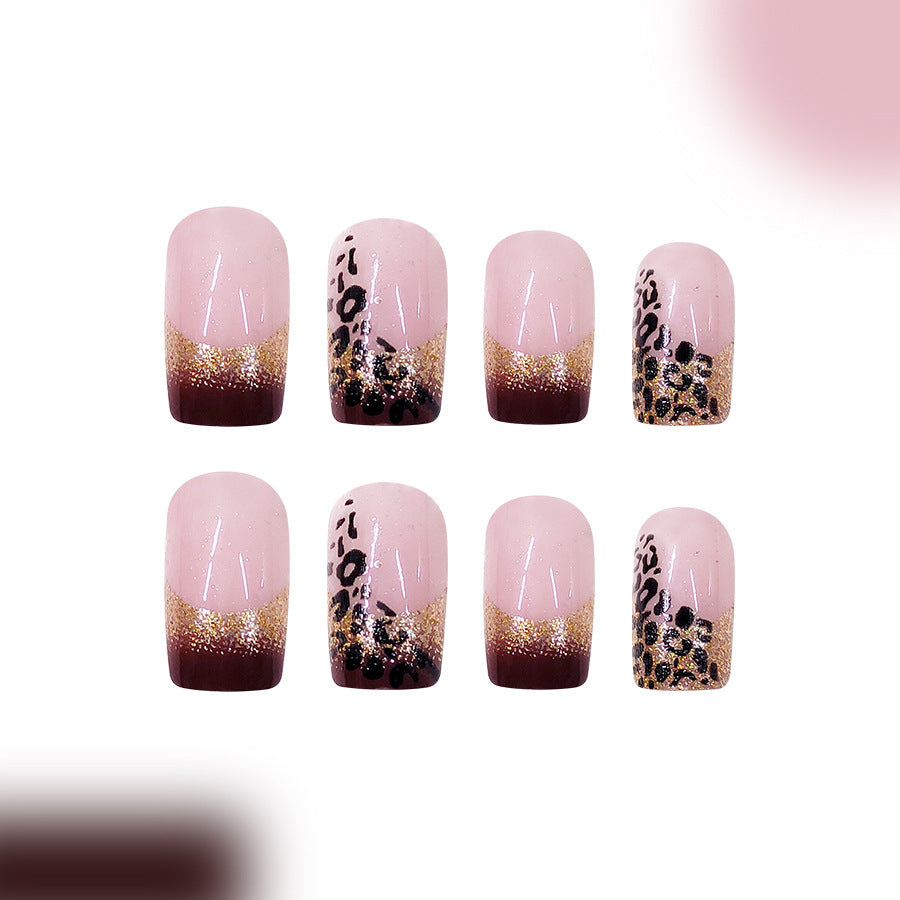 Wild Safari Glamour Pink Medium Square Glitter Gradient Press-On Nail Set with Chic Animal Print Design