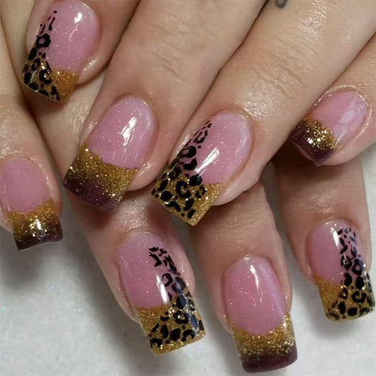 Wild Safari Inspired Medium Square Blush Pink and Sparkling Gold Glitter Press On Nail Set with Trendy Leopard Print Accent