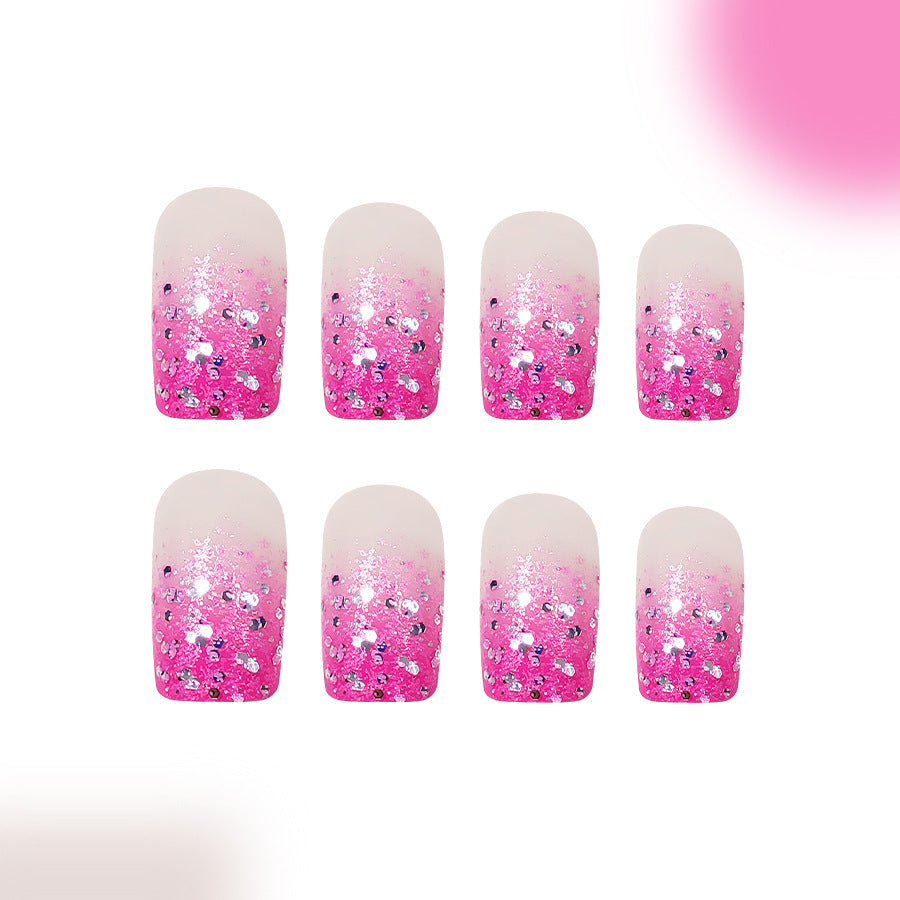 Sparkling Fairy Tale Press-On Nail Set Medium Square Pink Ombre with Glitter Finish