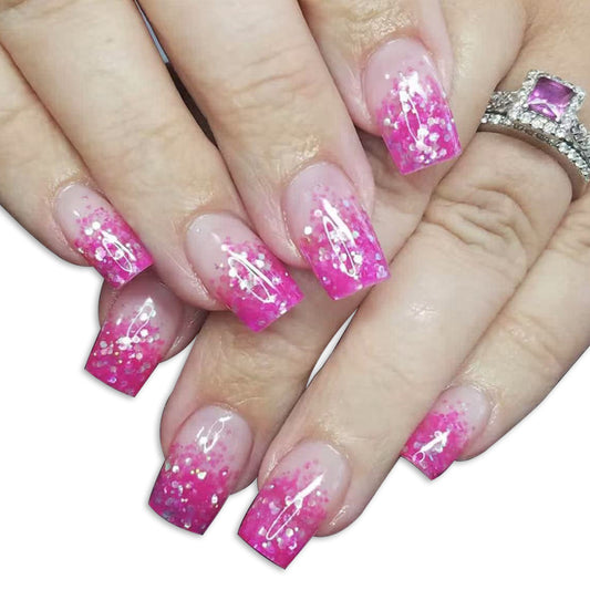 Glamorous Sunset Medium Square Press On Nail Set with Gradient Pink Glitter Finish