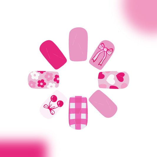 Charming Pink Delight Medium Square Shaped Press On Nail Set with Festive Patterns