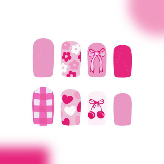 Charming Pastel Pink Medium Square Press On Nail Set Featuring Cute Floral and Bow Designs
