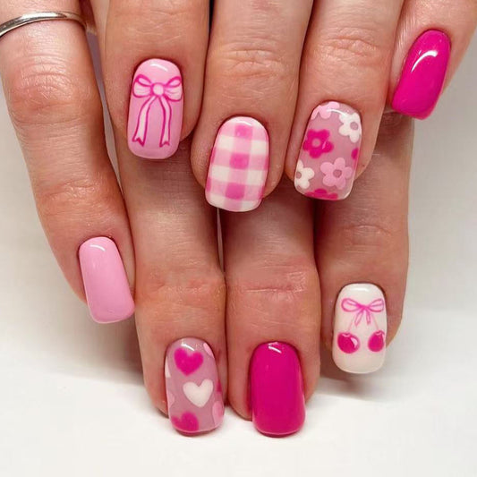 Charming Springtime Press On Nail Set Medium Square Pink with Whimsical Patterns and Glossy Finish