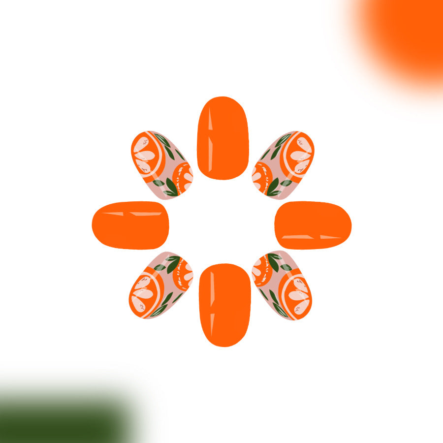 Sunny Citrus Dream Orange Short Squoval Long Lasting Press On Nail Set with Whimsical Fruit Design