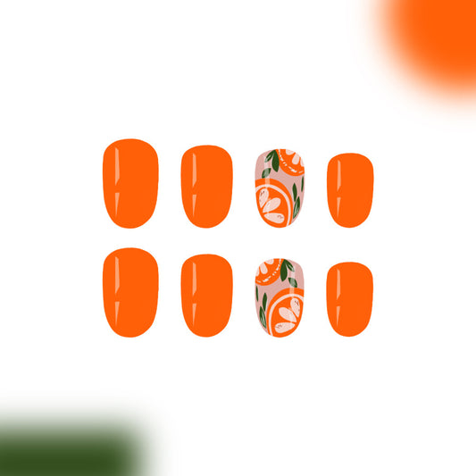 Citrus Delight Short Squoval Vibrant Orange with Floral Accent Press on Nail Set