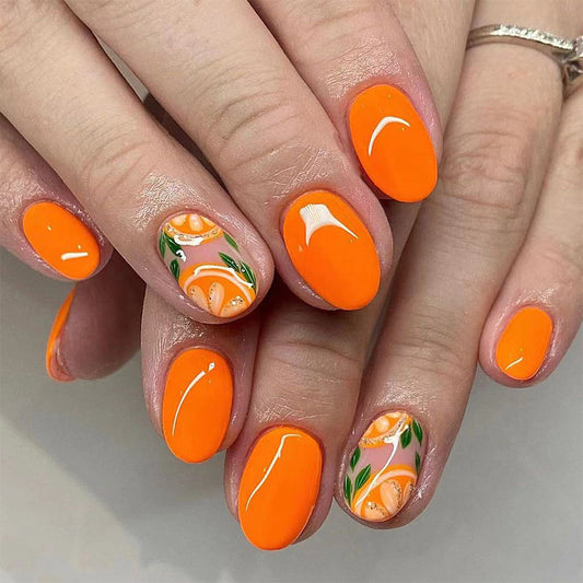 Citrus Burst Short Squoval Orange Press On Nail Set with Unique Floral Accent