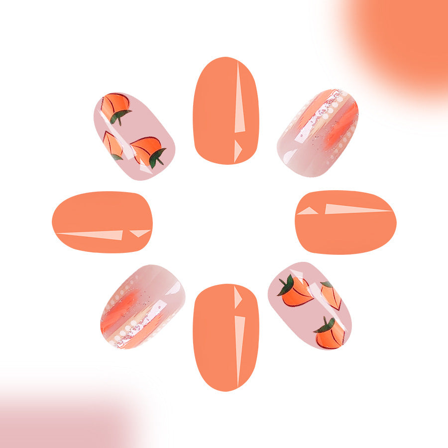 Peach Blossom Dream Short Oval Coral Press On Nail Set with Unique Fruit Accents