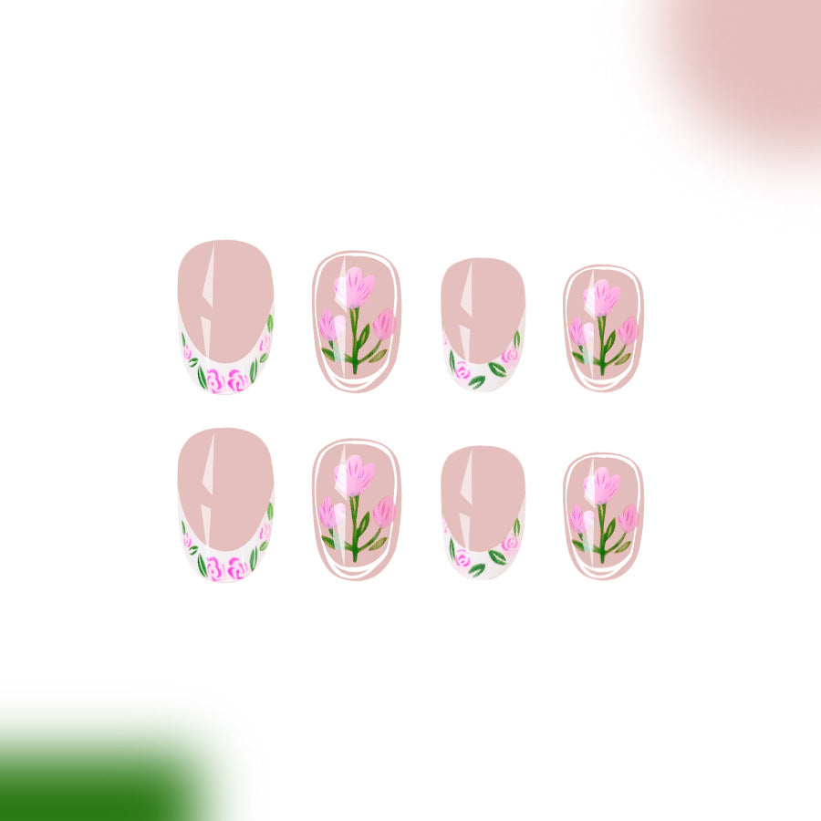 Blooming Elegance Short Oval Pink Floral Press-On Nail Set