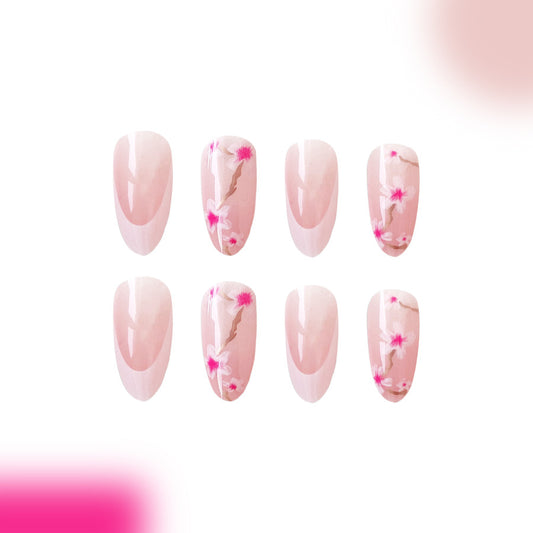Blossom Garden Medium Almond Pink Floral Press On Nails Set with Glossy Finish