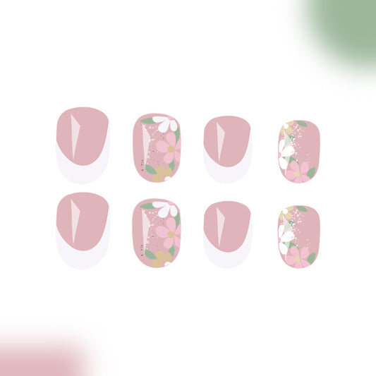 Blossoming Elegance Short Round Blush Pink Press On Nail Set with Floral Accents