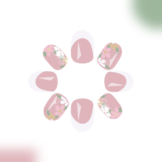 Blossom Elegance Short Round Soft Pink with Floral Accents Press-On Nail Set