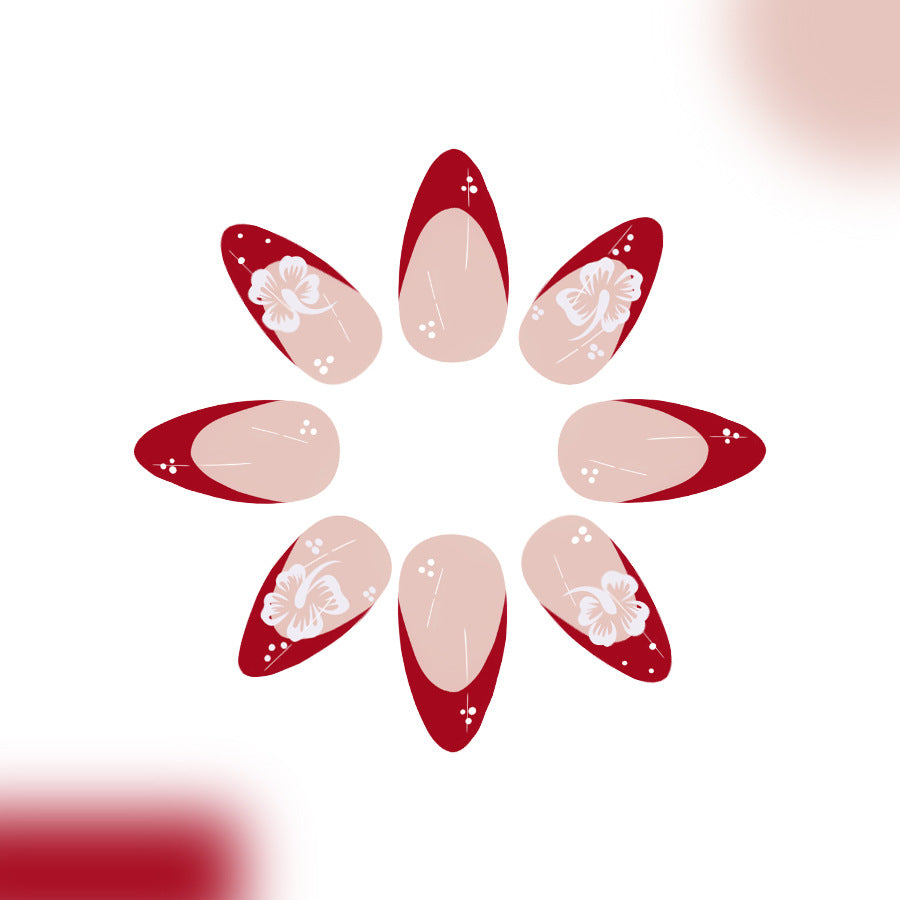 Garden Party Medium Almond Red and Beige Floral Press On Nail Set