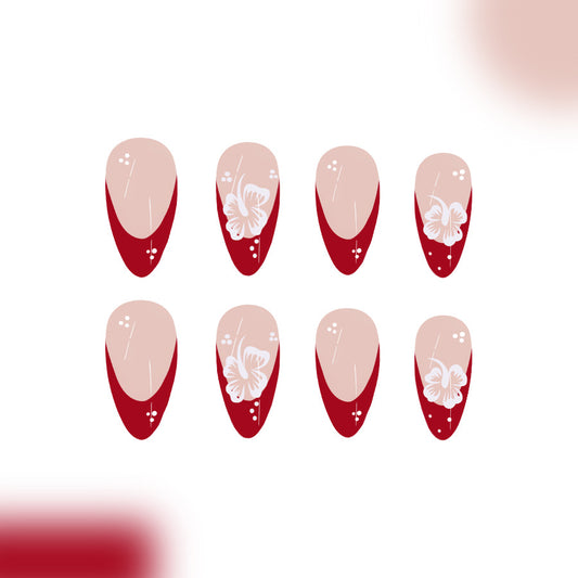 Elegant Floral Escape Medium Almond Red Press On Nail Set with Beautiful Blossom Accents