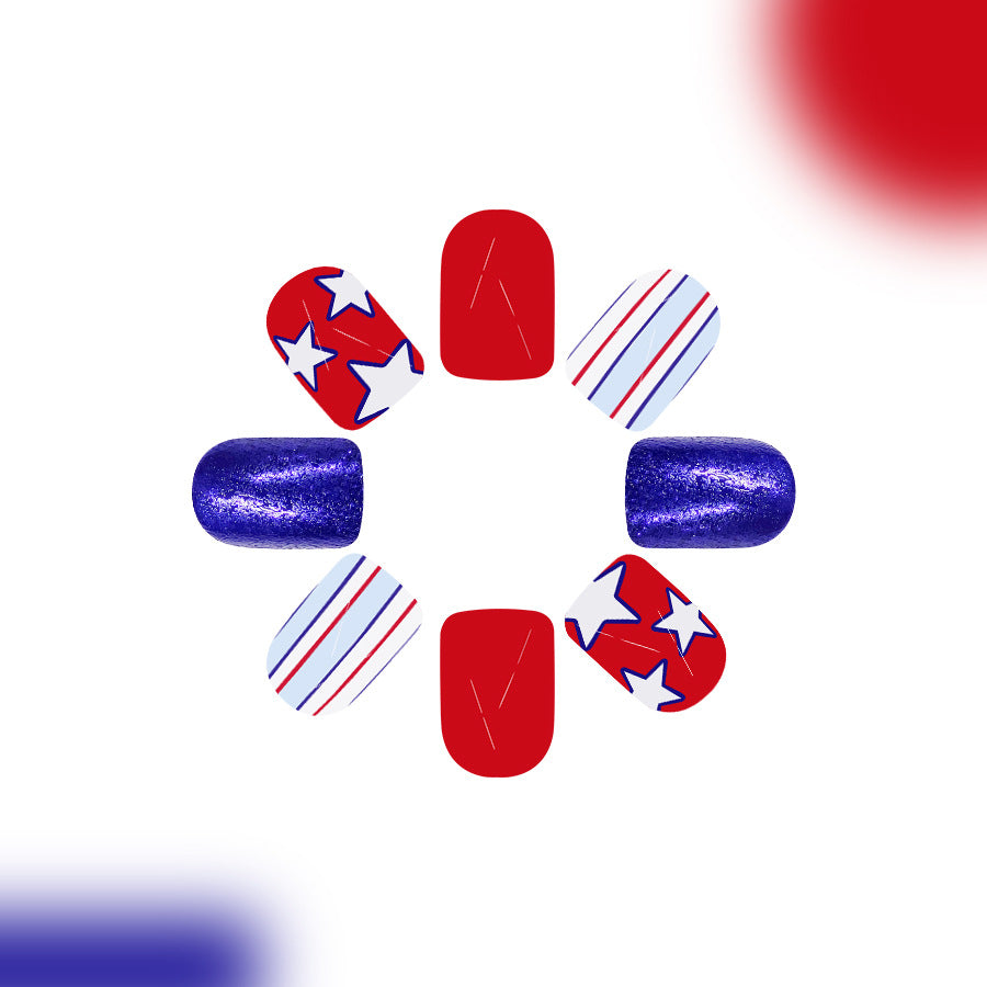 Patriotic Celebration Medium Square Red and Blue Star Pattern with Sparkling Finish Press On Nail Set