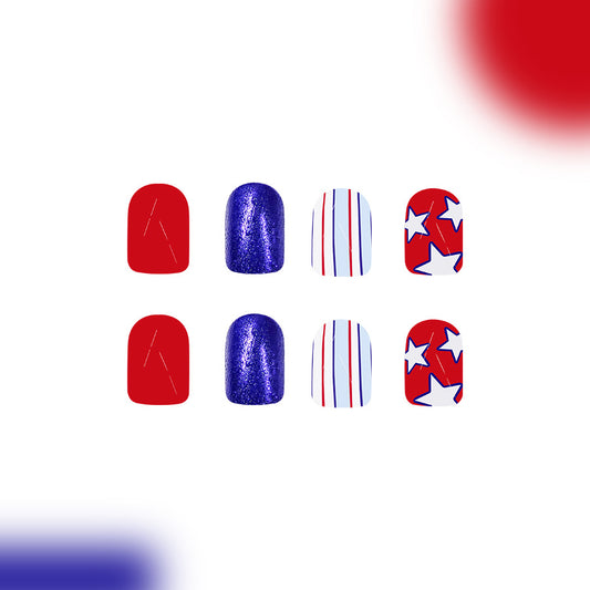 Patriotic Glamour Medium Square Red Purple and White Starry Stripes Press-On Nail Set