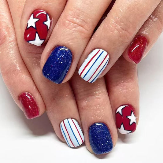 Patriotic Glamour Medium Length Square Shape Red and Blue Color Sparkling Star and Stripe Design Press On Nail Set