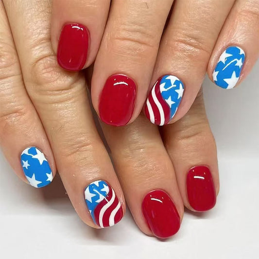 Patriotic Glamour Red and Blue Short Square Press On Nail Set with Bold Star and Stripe Designs