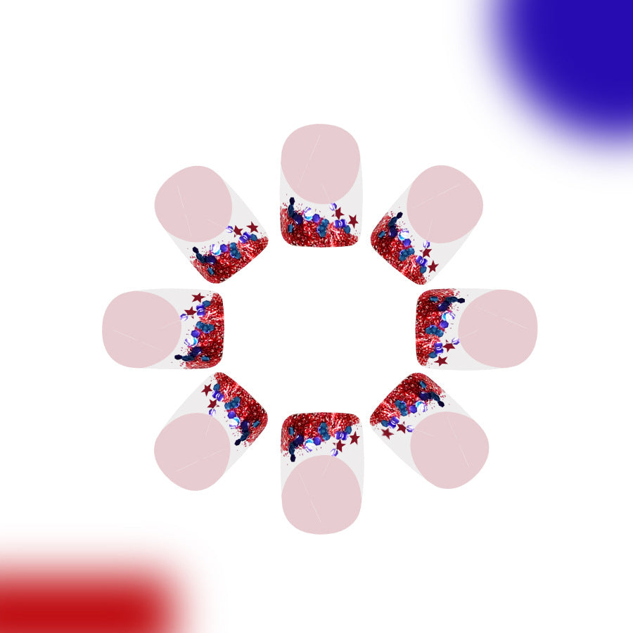 Starry Night Glamour Short Square Red and Blue Glitter Accent Press-On Nail Set