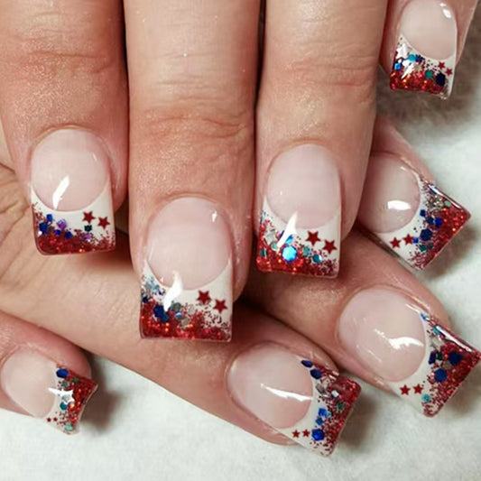 Festive Glamour Pink Medium Square Nails with Glitter and Star Accents
