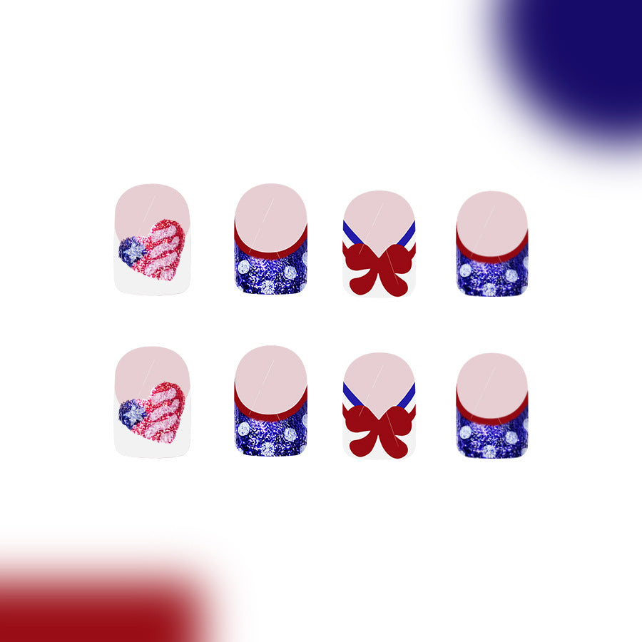 Patriotic Charm Short Square Red and Blue Glitter Press On Nail Set with Heart and Bow Designs