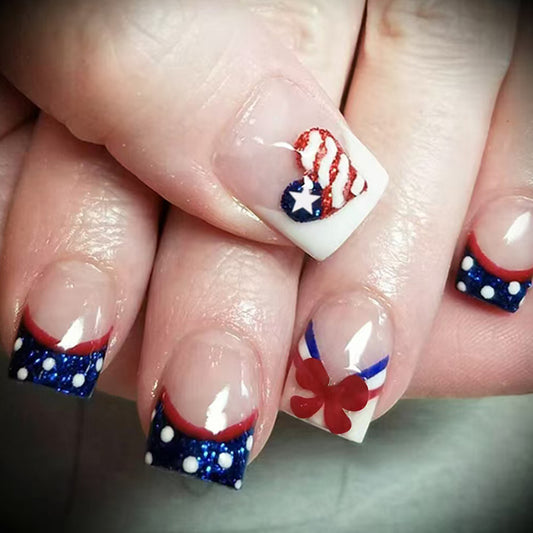 Patriotic Glamour Short Square Shaped Transparent Red and Blue Glitter with Heart and Bow Designs Press On Nail Set