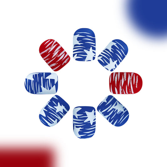 Patriotic Glamour Press on Nail Set Short Square Red and Blue with Starburst Pattern