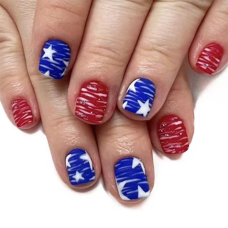 Patriotic Elegance Short Square Red and Blue with Star Motif Press On Nail Set