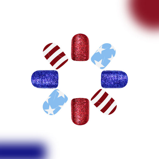 Patriotic Glamour Press On Nail Set in Short Length Square Shape Red Blue and Glittery Sparkle Finish