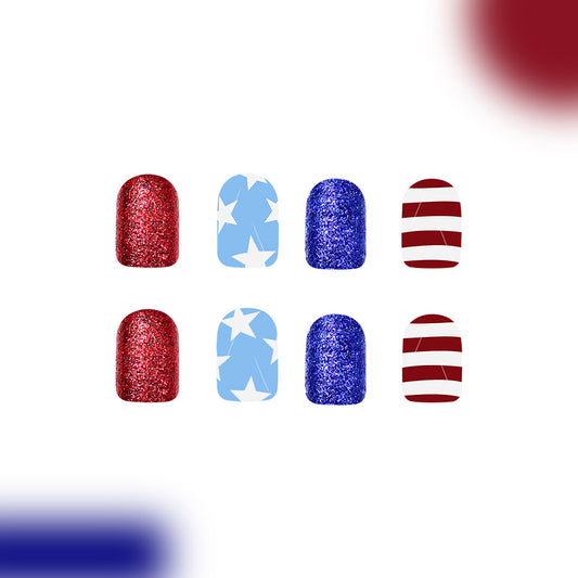 Patriotic Glamour Short Square Red and Blue Glitter Design Nail Set