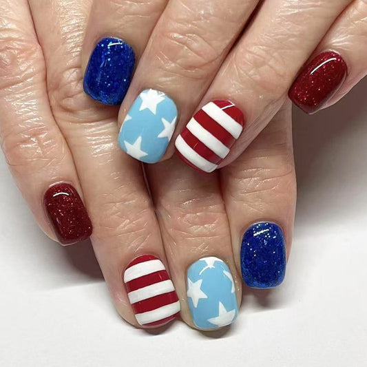Patriotic Glamour Short Square Blue Red and White Star Patterned Press on Nail Set