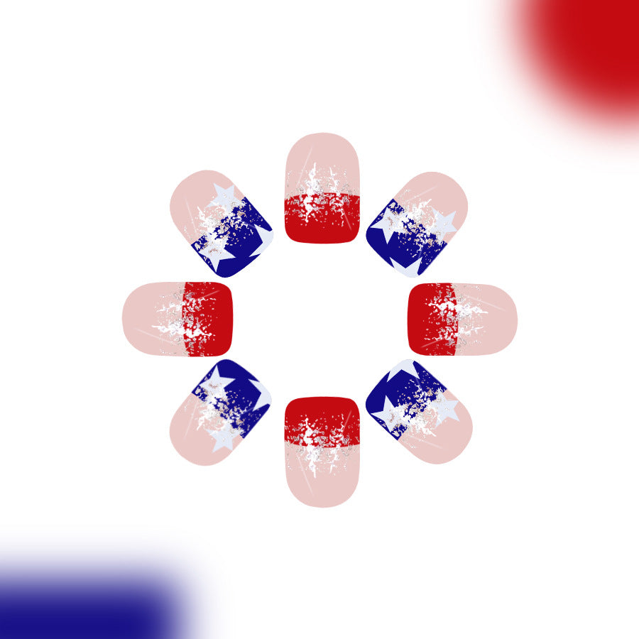 Patriotic Glamour Short Square Red and Blue Distressed Design Press-On Nail Set